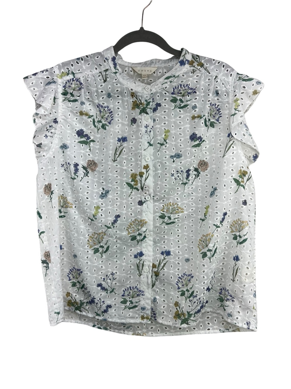 A DIVA White Floral Eyelet Button Down Blouse Flutter Cap Sleeves Womens XL
